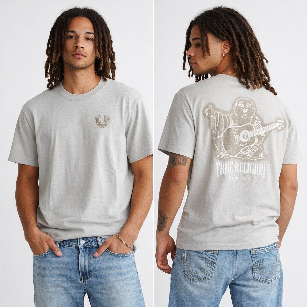 True Religion Brand Jeans‎ Mens Small T Shirt Graphic Buddha Guitar Logo Tee